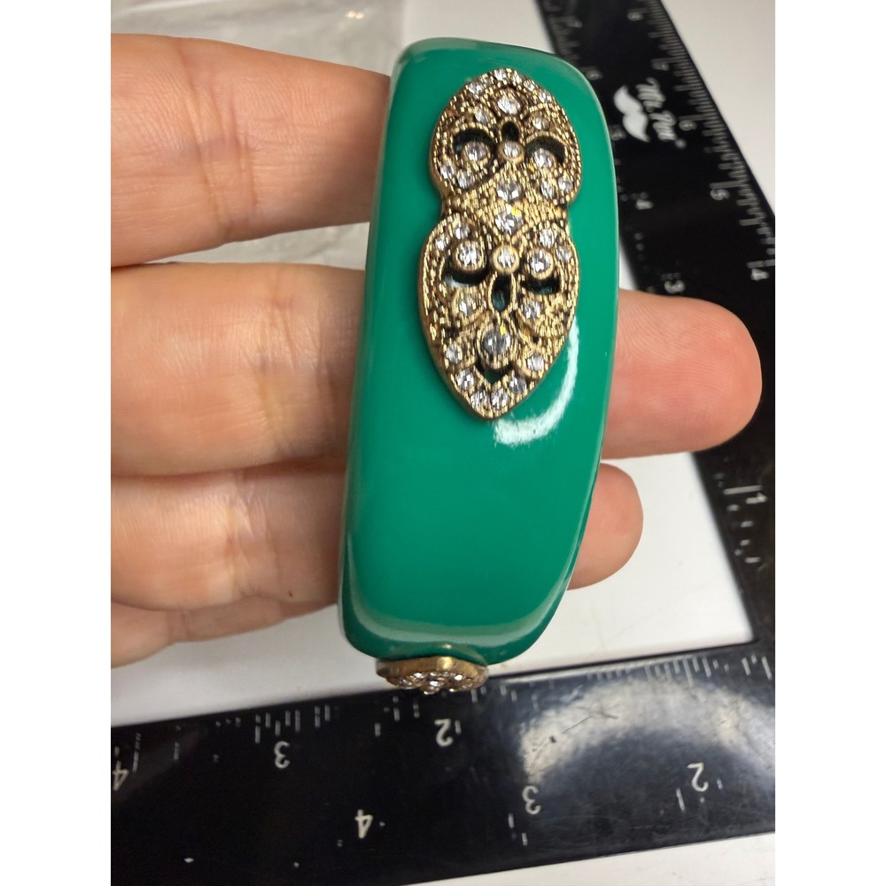 Premier Designs Green Resin Bangle Bracelet Gold Tone Rhinestone Filigree